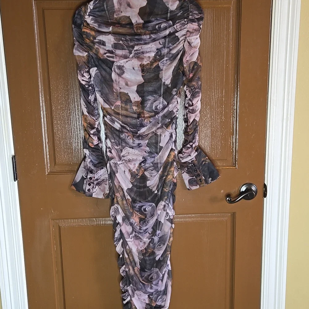 PrettyLittleThing-Draped lavender/gray print straight dress Sz 8 - Picture 6 of 16